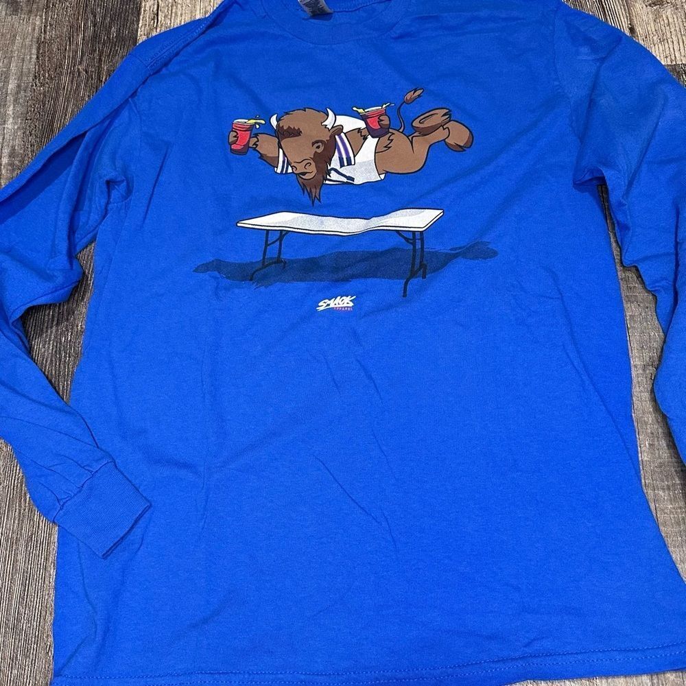 Buffalo Bills Breaking Tables Tailgate Graphic - Blue Long Sleeve, Size M